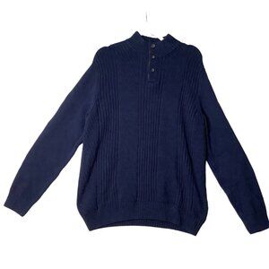 Chaps‎ Navy Blue Ribbed Knit Pullover Sweater Elbow Patches Men Large 1/4 Button